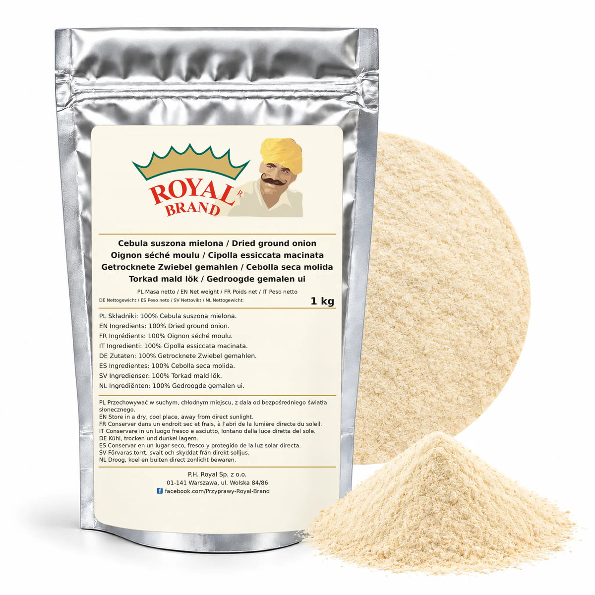 Cebula suszona mielona 1 kg Royal Brand — srebrne opakowanie, etykieta w 8 językach
