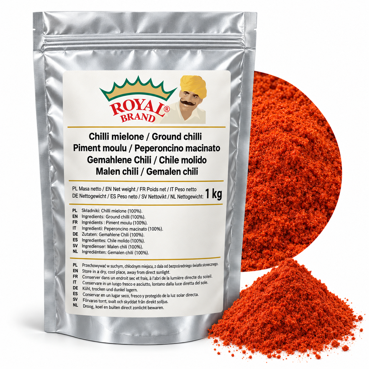Projekt opakowania: Chilli mielone 1 kg Royal Brand; logo do weryfikacji.