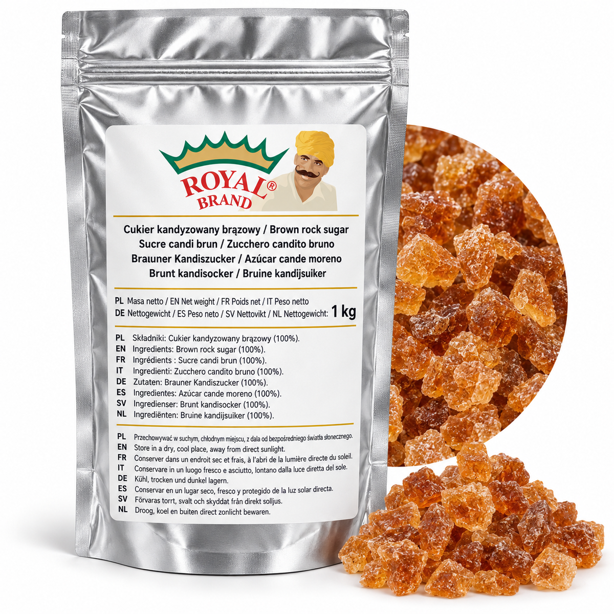 Projekt opakowania: Cukier kandyzowany brązowy 1 kg Royal Brand; logo do weryfikacji.