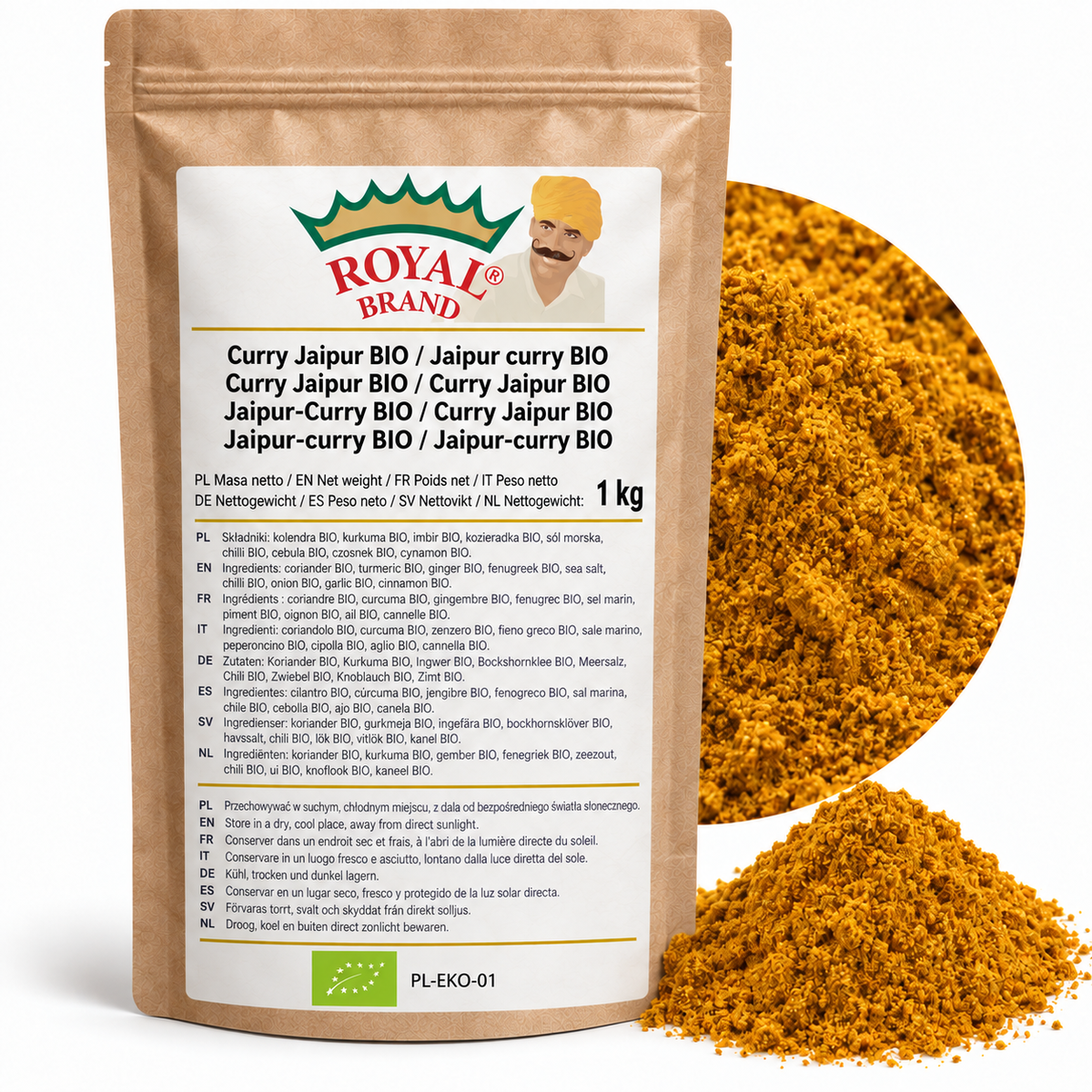 Projekt opakowania: Curry Jaipur BIO 1 kg Royal Brand. Zielony listek BIO, PL-EKO-01. Logo marki do weryfikacji.