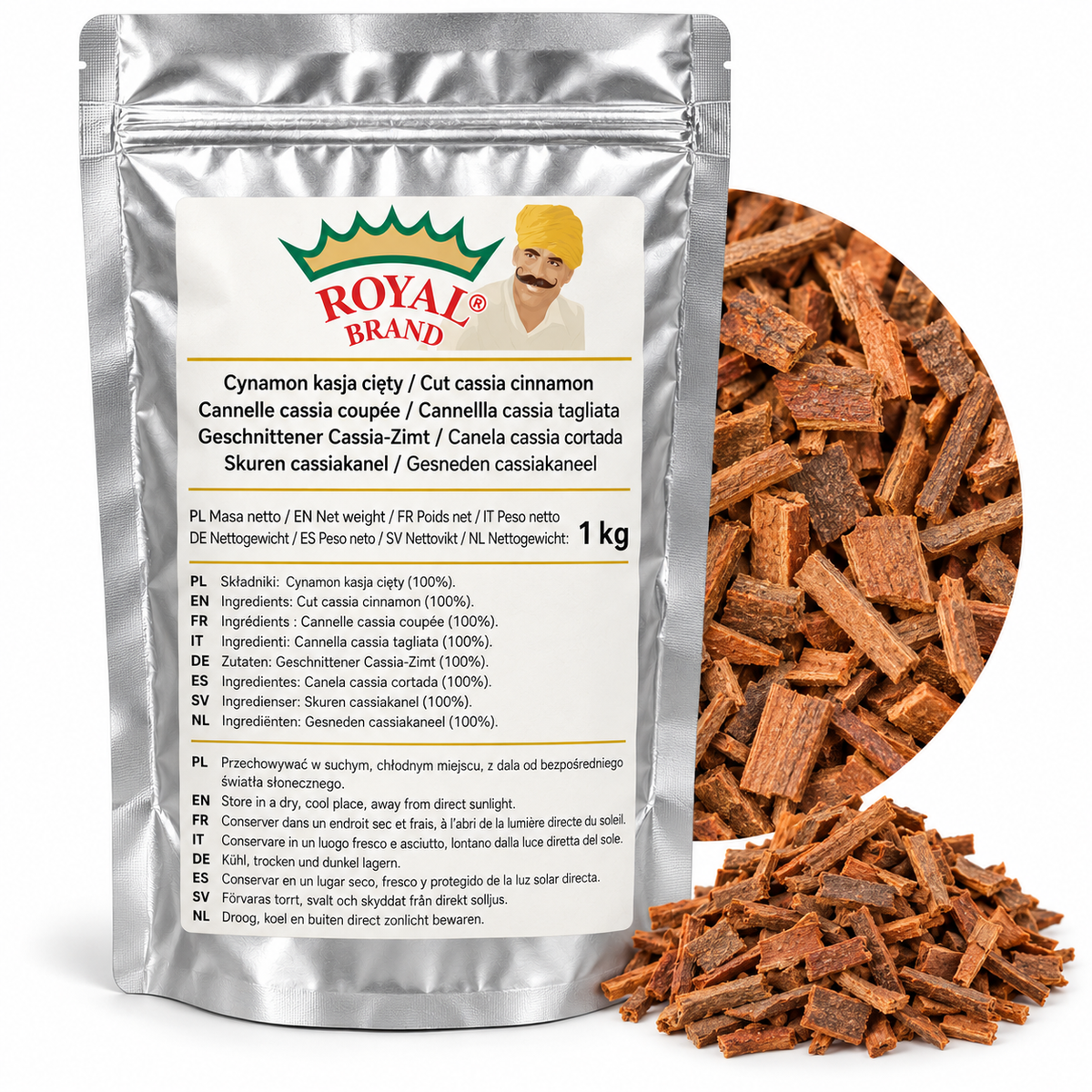 Projekt opakowania: Cynamon kasja cięty 1 kg Royal Brand; logo do weryfikacji.