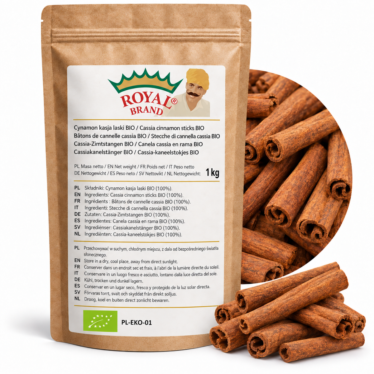 Projekt opakowania: Cynamon kasja laski BIO 1 kg Royal Brand. Zielony listek BIO, PL-EKO-01. Logo marki do weryfikacji.