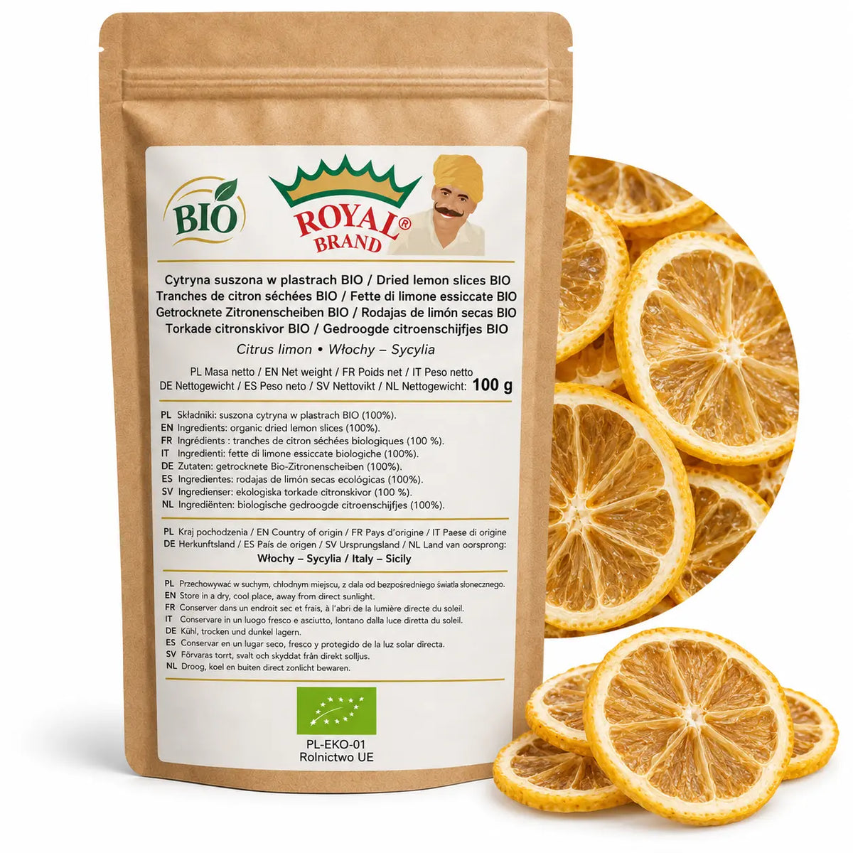 Cytryna BIO suszona w plastrach 100 g z Sycylii w kraftowym doypaku Royal Brand
