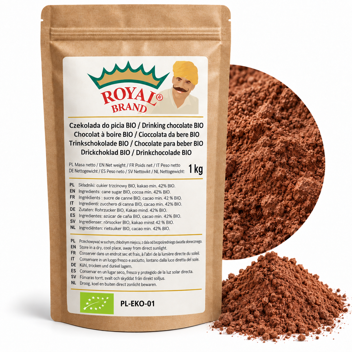 Projekt opakowania: Czekolada do picia BIO 1 kg Royal Brand. Zielony listek BIO, PL-EKO-01. Logo marki do weryfikacji.