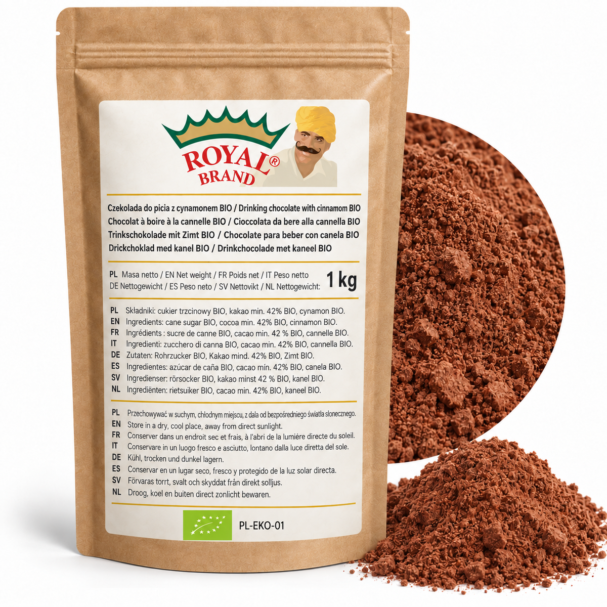Projekt opakowania: Czekolada do picia z cynamonem BIO 1 kg Royal Brand. Zielony listek BIO, PL-EKO-01. Logo marki do weryfikacji.