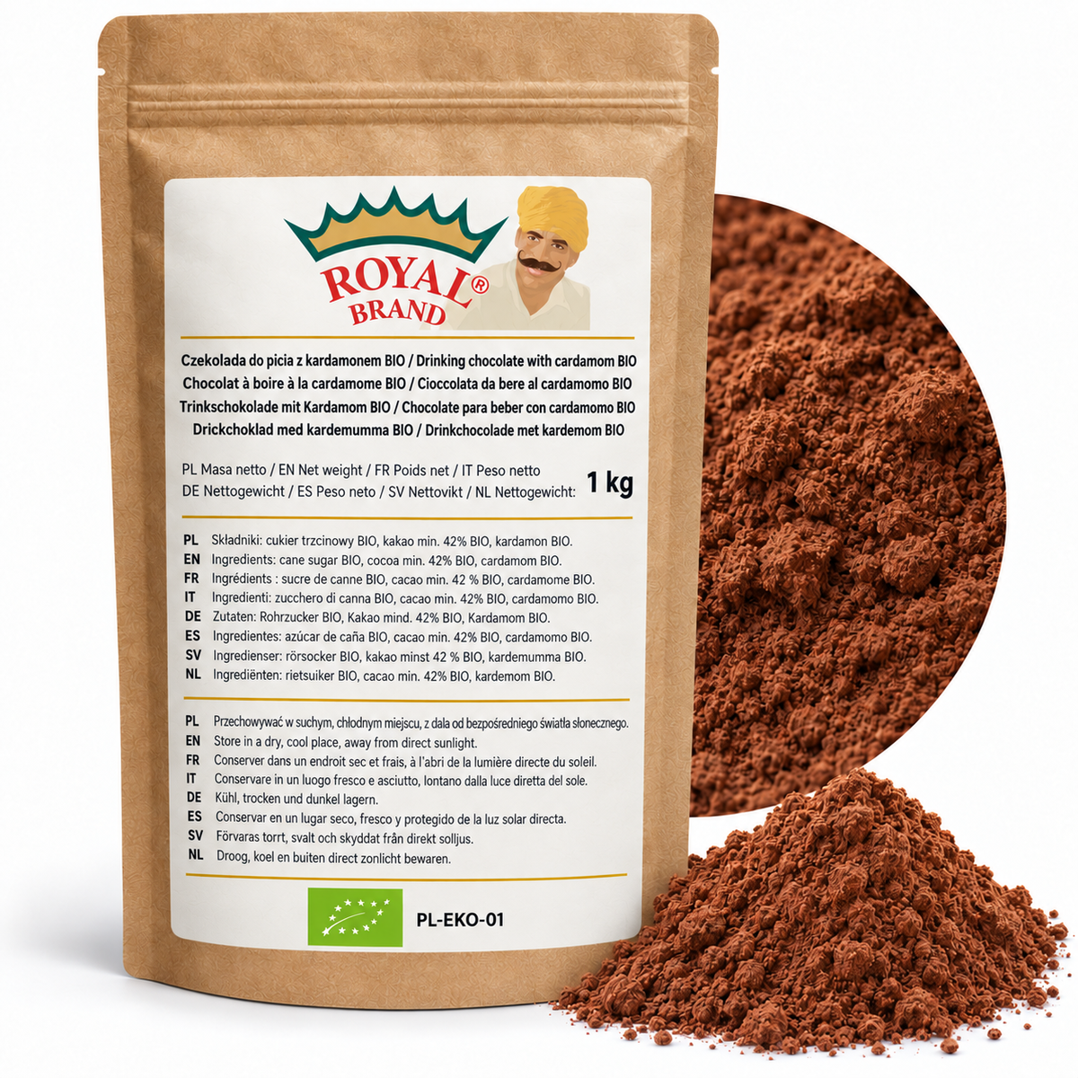 Projekt opakowania: Czekolada do picia z kardamonem BIO 1 kg Royal Brand. Zielony listek BIO, PL-EKO-01. Logo marki do weryfikacji.