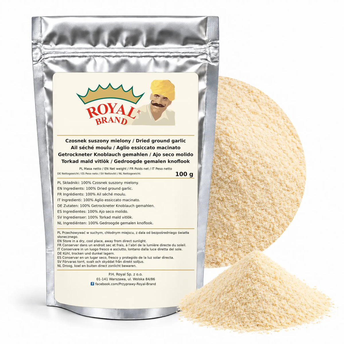 Czosnek mielony 100 g Royal Brand — srebrne opakowanie, etykieta w 8 językach