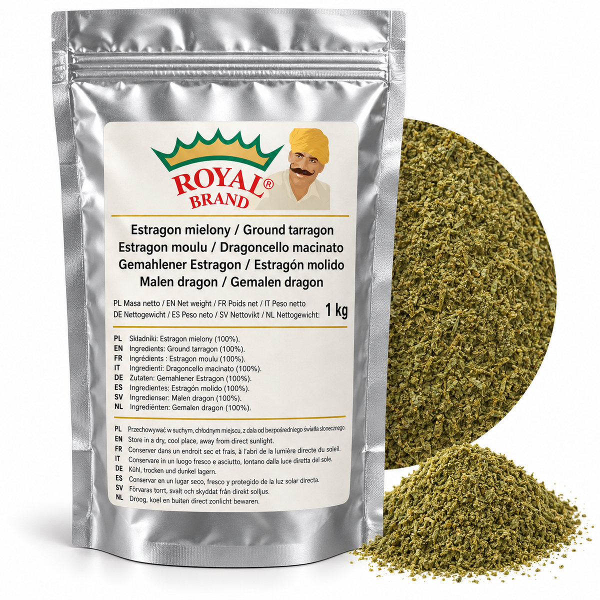 Projekt opakowania Royal Brand – estragon mielony 1 kg; logo do weryfikacji.