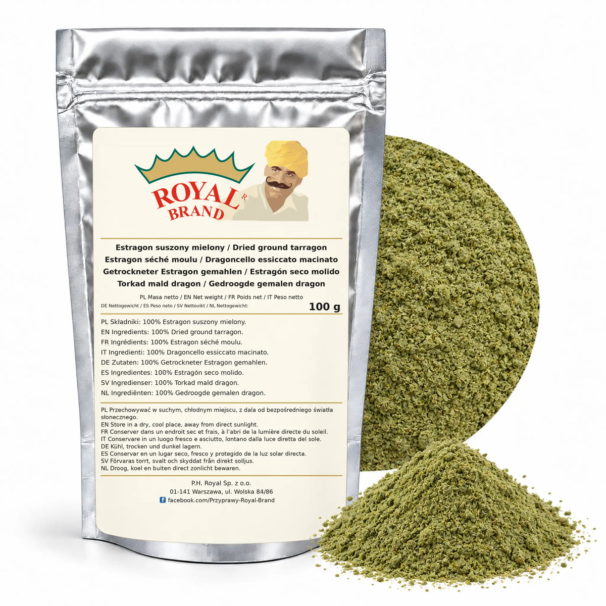 Estragon mielony 100 g Royal Brand — srebrne opakowanie, etykieta w 8 językach