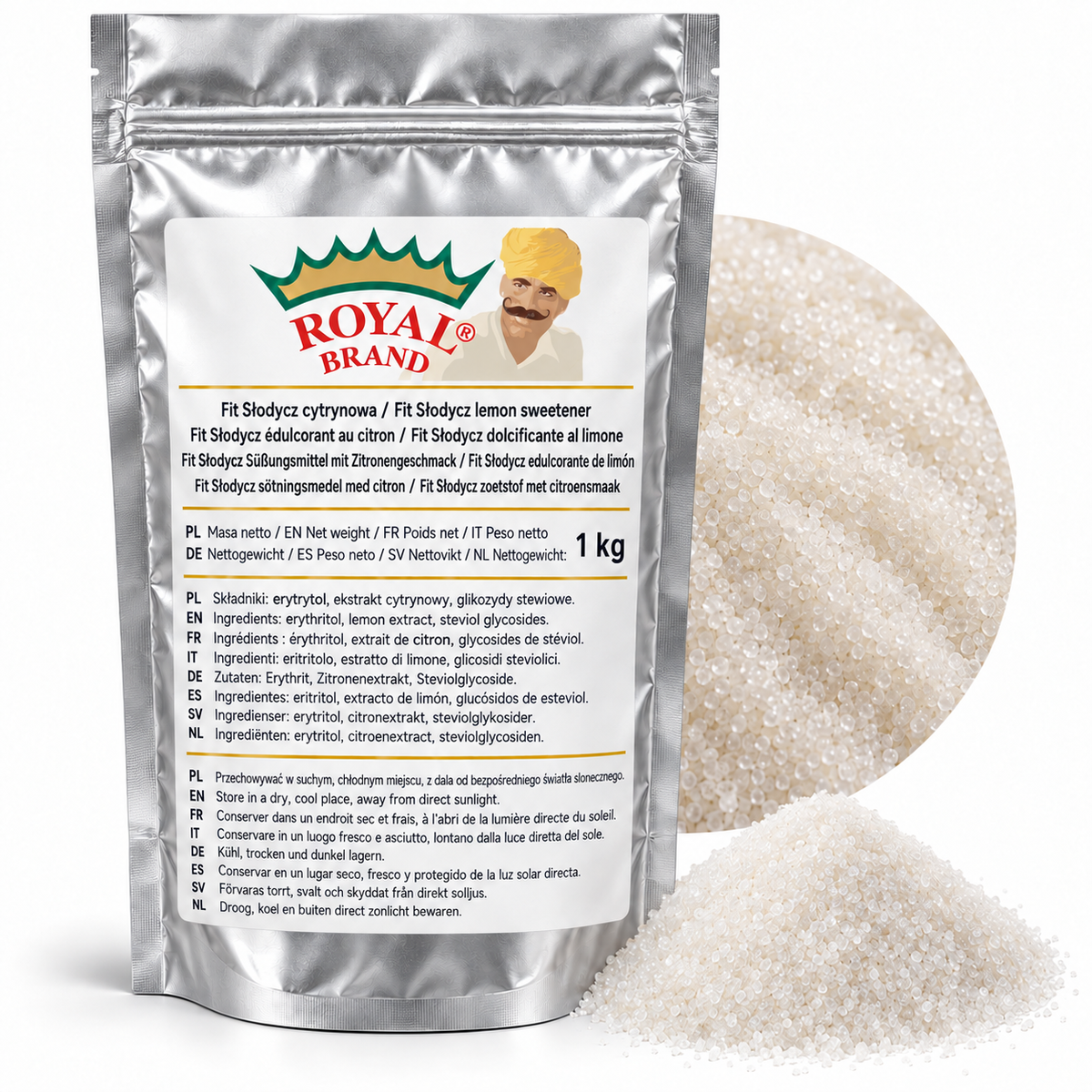 Projekt opakowania: Fit Słodycz cytrynowa 1 kg Royal Brand. Logo marki do weryfikacji.