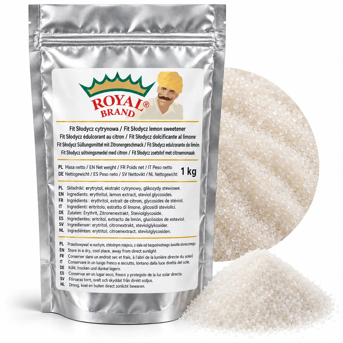 Projekt opakowania: Fit Słodycz cytrynowa 1 kg Royal Brand. Logo marki do weryfikacji.