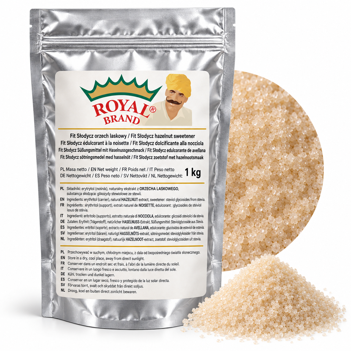 Projekt opakowania: Fit Słodycz orzech laskowy 1 kg Royal Brand; logo do weryfikacji.