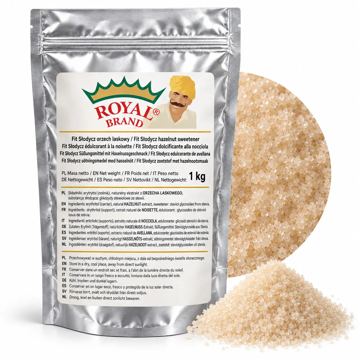 Projekt opakowania: Fit Słodycz orzech laskowy 1 kg Royal Brand; logo do weryfikacji.