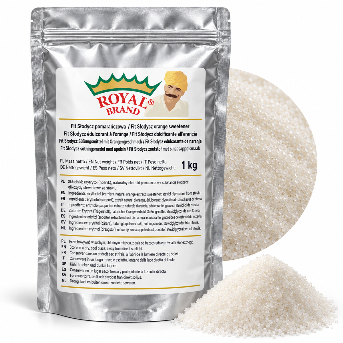 Projekt opakowania: Fit Słodycz pomarańczowa 1 kg Royal Brand; logo do weryfikacji.