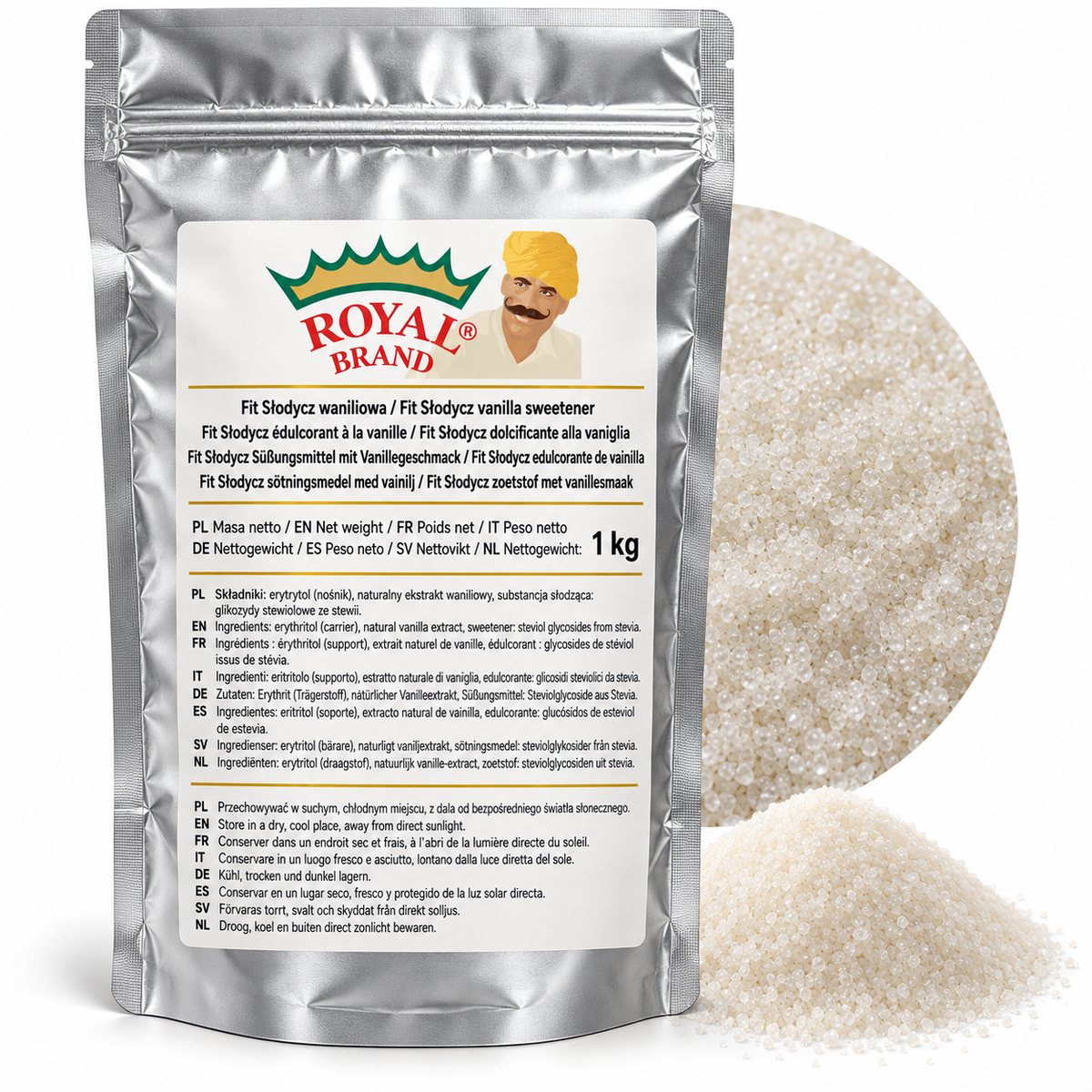 Projekt opakowania: Fit Słodycz waniliowa 1 kg Royal Brand. Logo marki do weryfikacji.