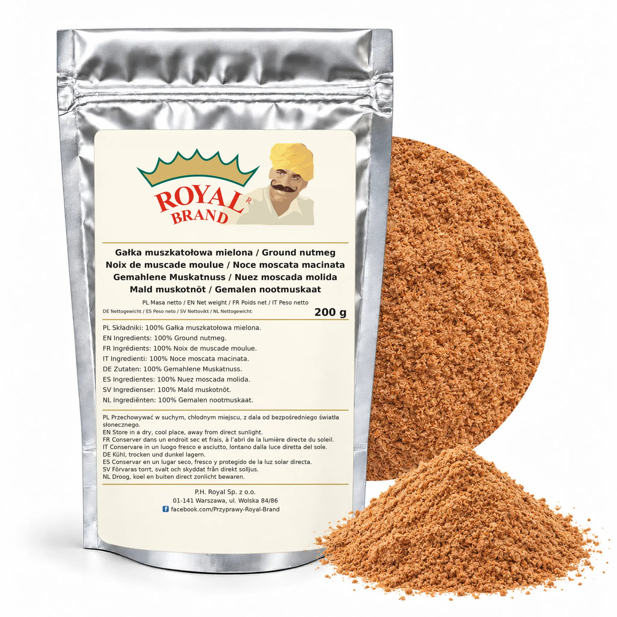 Gałka muszkatołowa mielona 200 g Royal Brand — srebrne opakowanie, etykieta w 8 językach