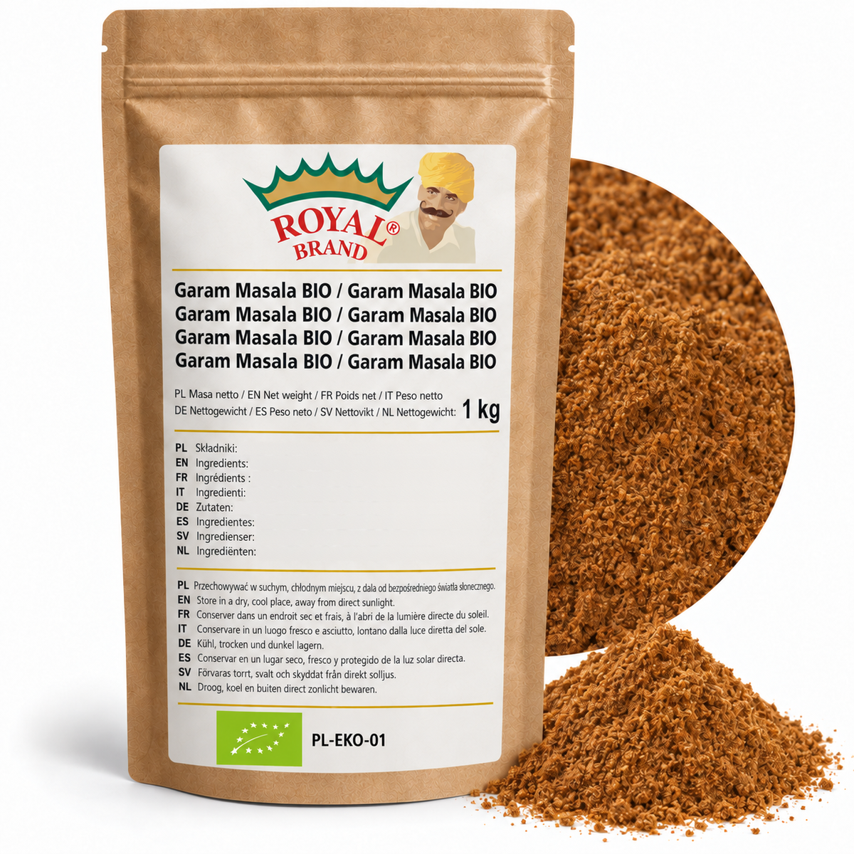 Projekt opakowania: Garam Masala BIO 1 kg Royal Brand. Zielony listek BIO, PL-EKO-01. Logo marki do weryfikacji.