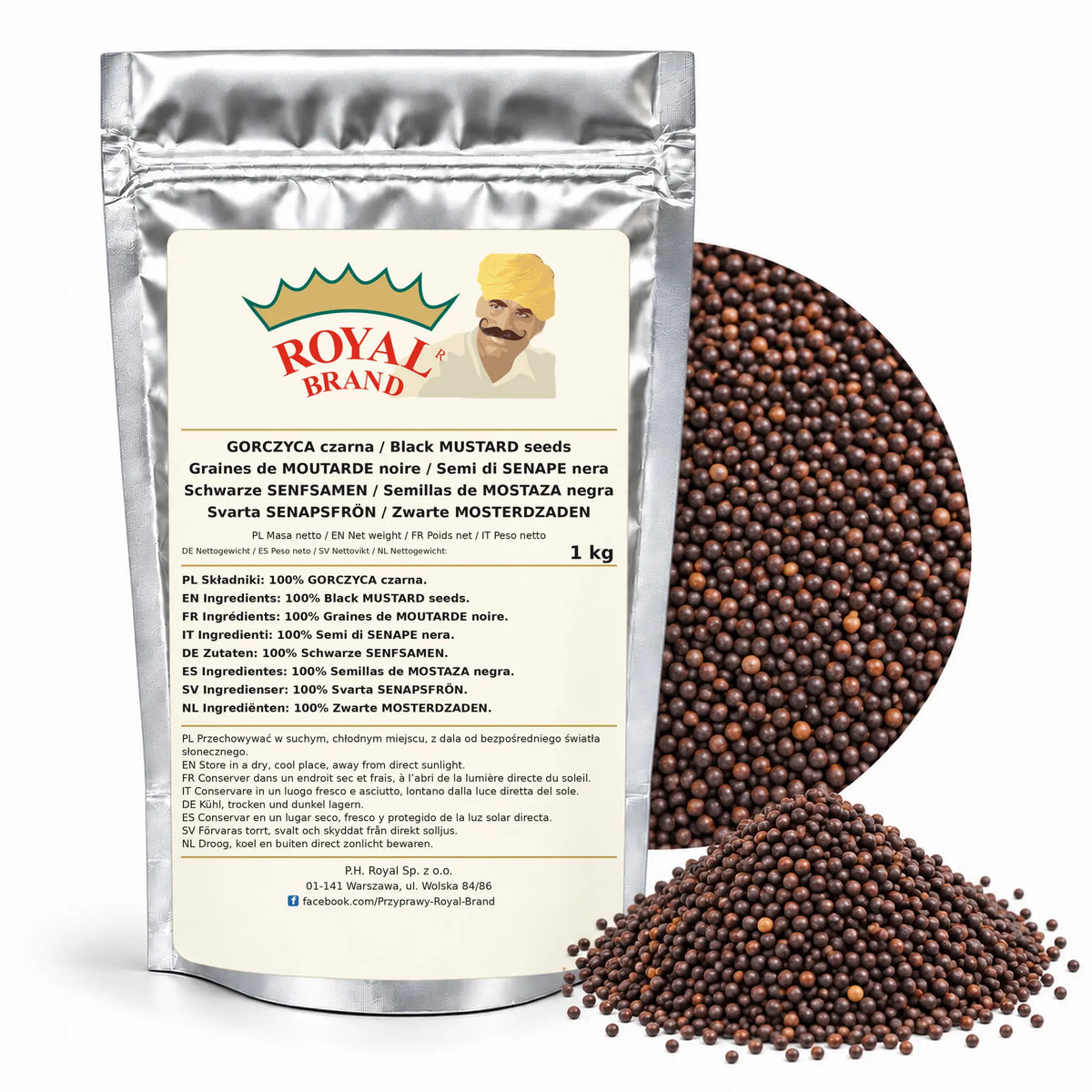 Gorczyca czarna 1 kg Royal Brand — srebrne opakowanie, etykieta w 8 językach