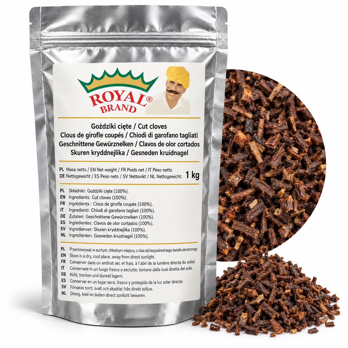 Projekt opakowania: Goździki cięte 1 kg Royal Brand; logo do weryfikacji.
