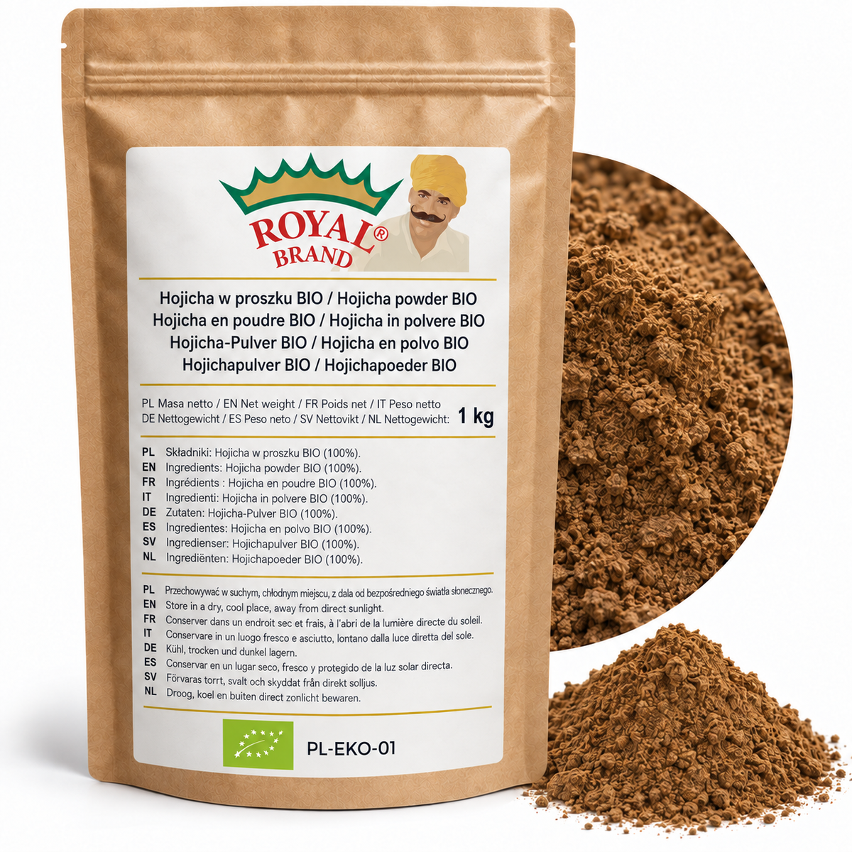 Projekt opakowania: Hojicha w proszku BIO 1 kg Royal Brand. Zielony listek BIO, PL-EKO-01. Logo marki do weryfikacji.
