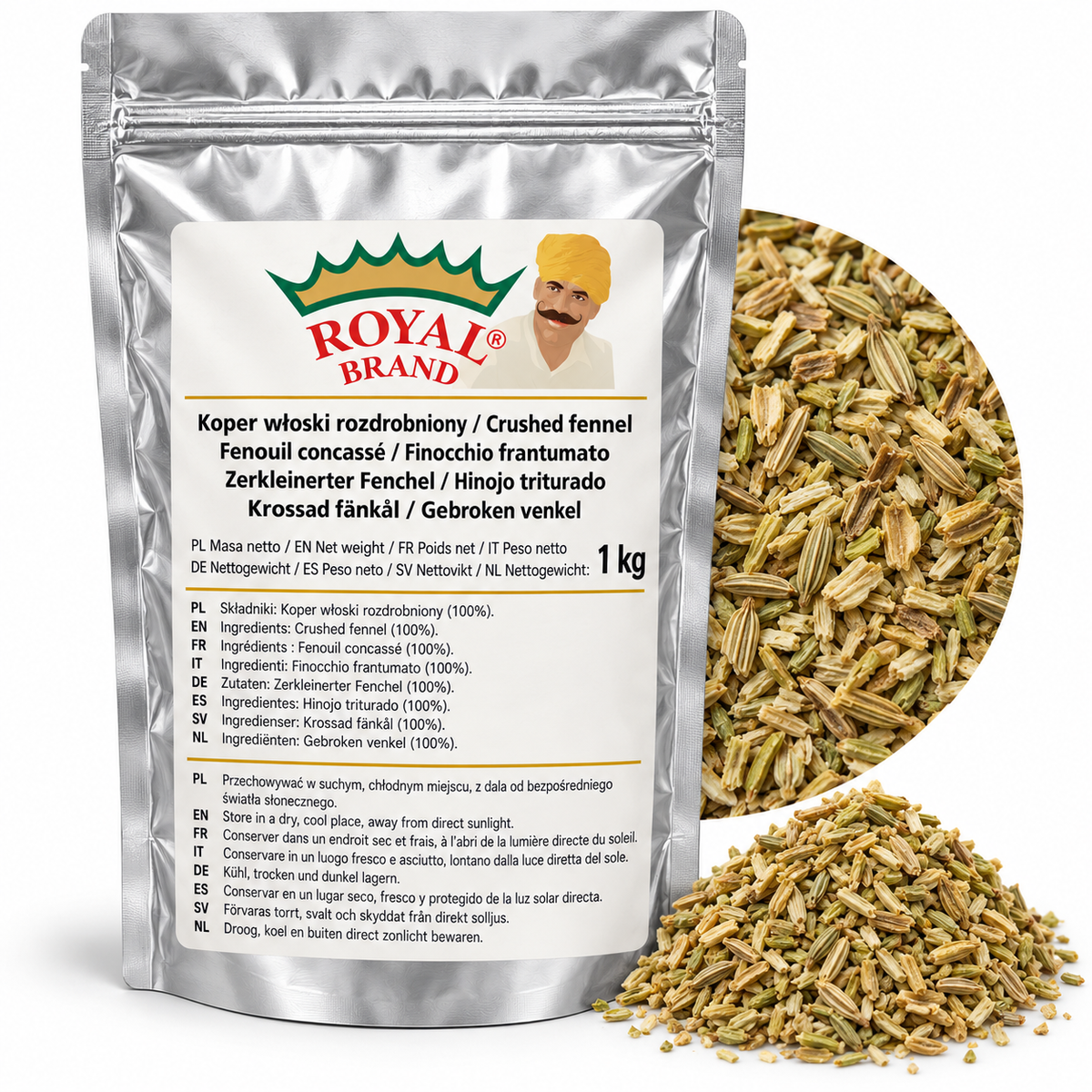 Projekt opakowania: Koper włoski rozdrobniony 1 kg Royal Brand; logo do weryfikacji.