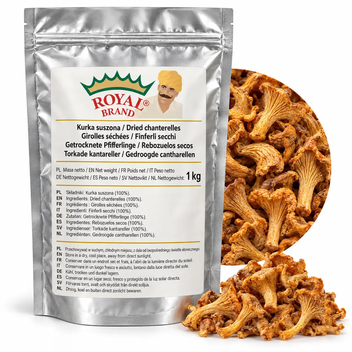 Projekt opakowania: Kurka suszona 1 kg Royal Brand. Logo marki do weryfikacji.