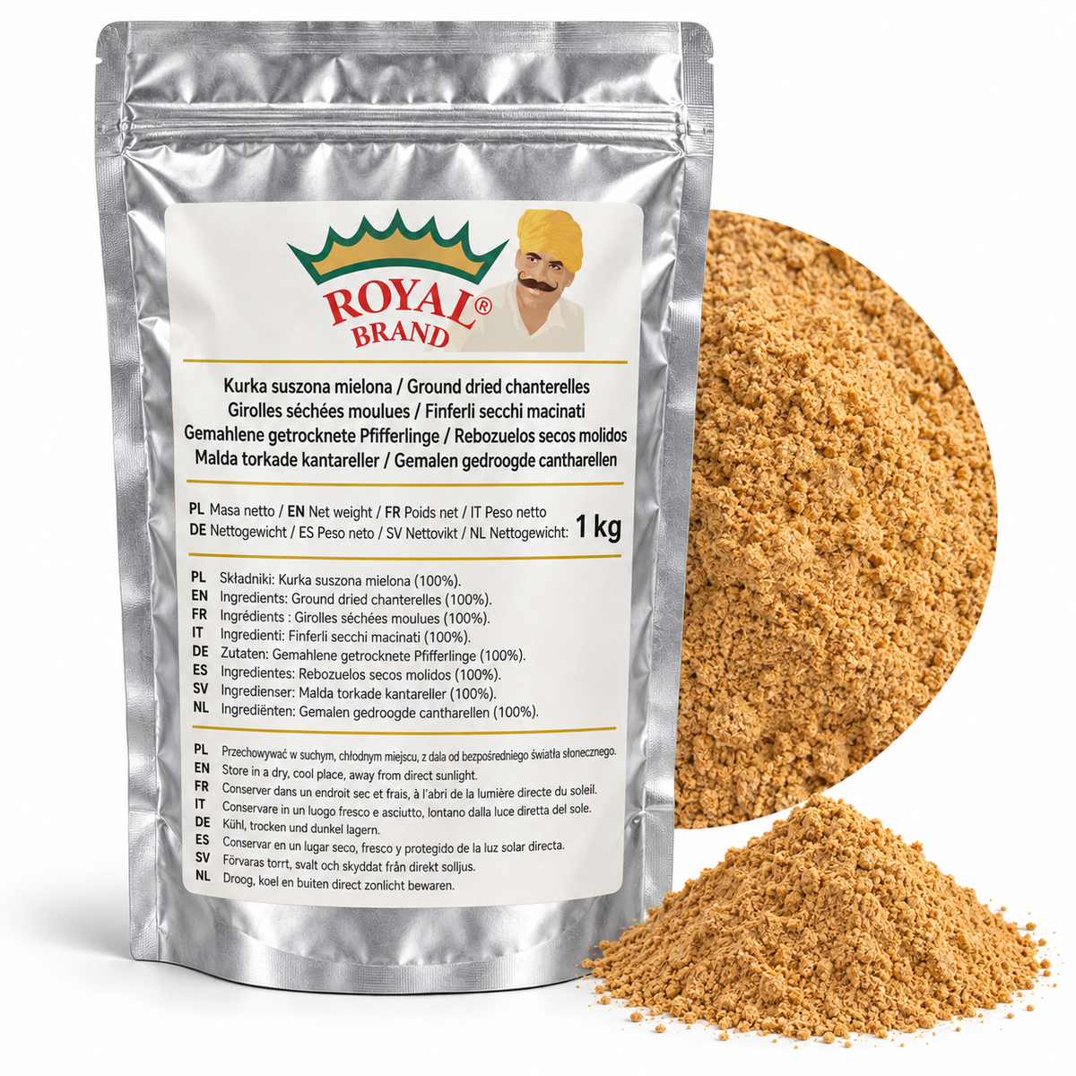 Projekt opakowania: Kurka suszona mielona 1 kg Royal Brand. Logo marki do weryfikacji.
