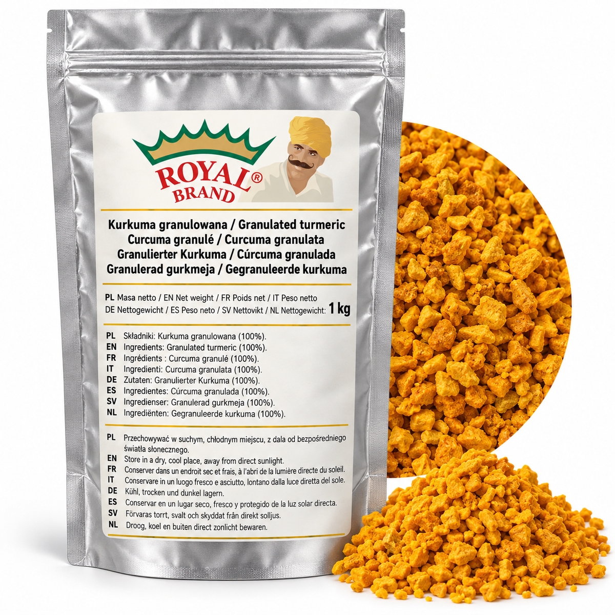 Projekt opakowania: Kurkuma granulowana 1 kg Royal Brand. Logo marki do weryfikacji.