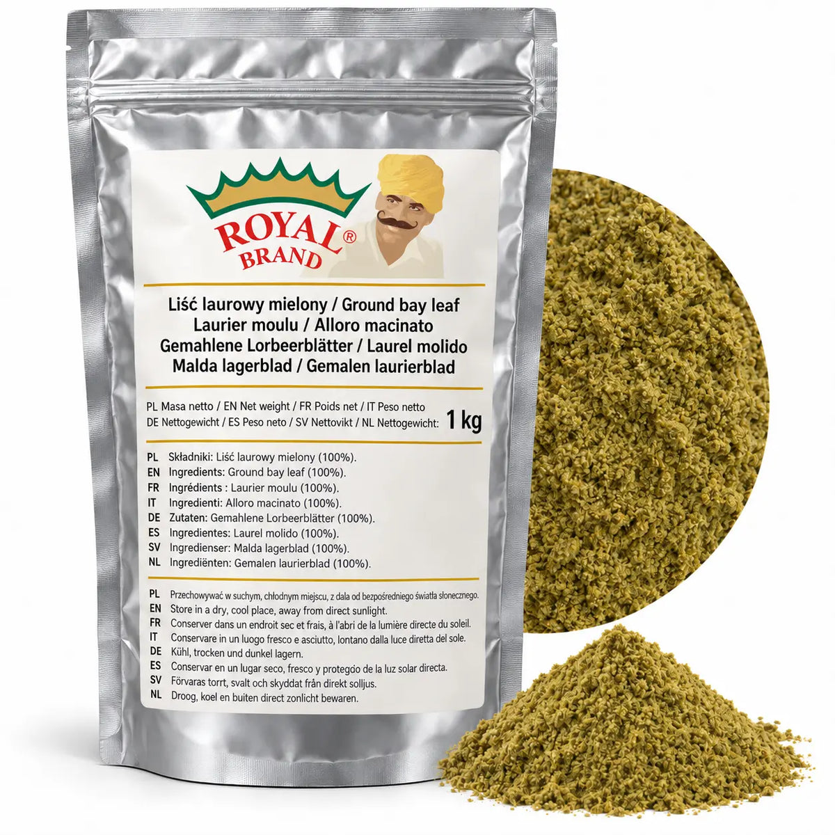 Projekt opakowania: Liść laurowy mielony 1 kg Royal Brand. Logo marki do weryfikacji.
