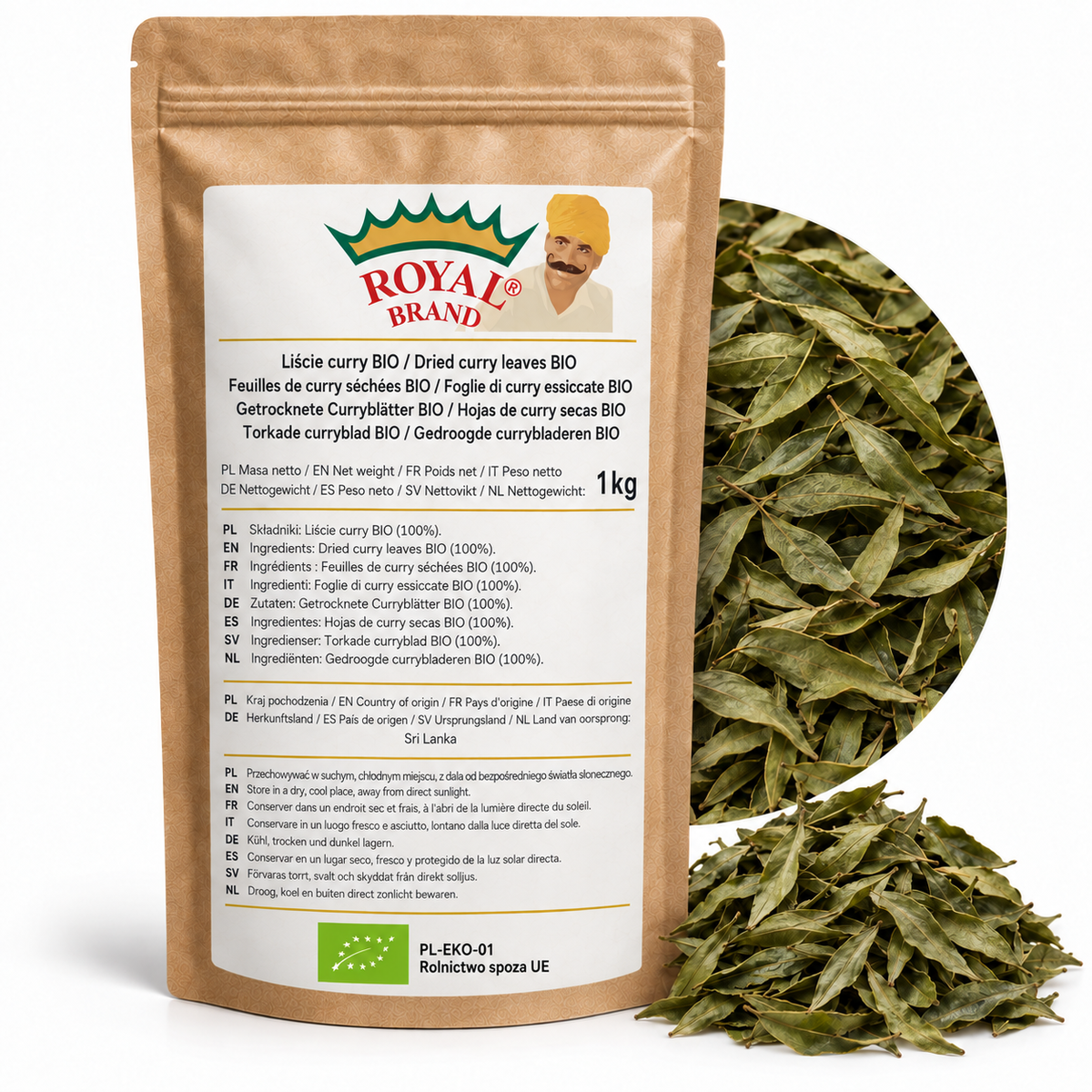 Projekt opakowania: Liście curry BIO 1 kg Royal Brand. Zielony listek BIO, PL-EKO-01. Logo marki do weryfikacji.