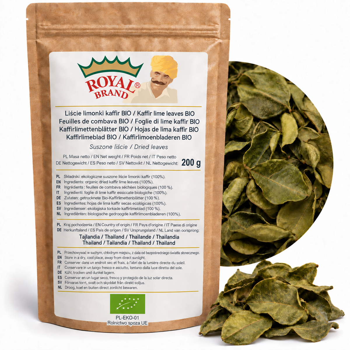 Projekt opakowania Liście limonki kaffir BIO 200 g Royal Brand. Kraj pochodzenia: Tajlandia. Logo wymaga kontroli zgodności z oryginałem.