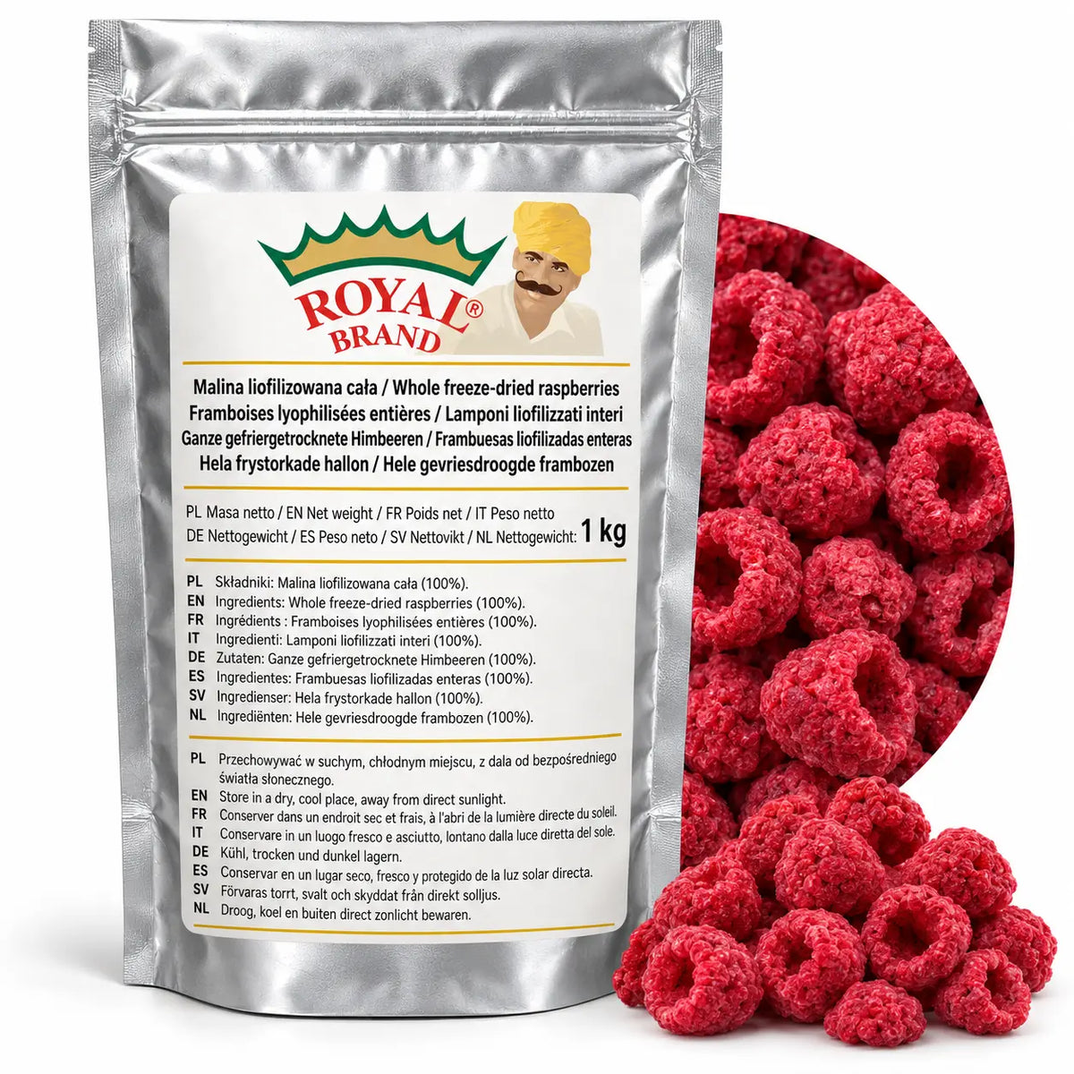 Projekt opakowania: Malina liofilizowana cała 1 kg Royal Brand. Logo marki do weryfikacji.