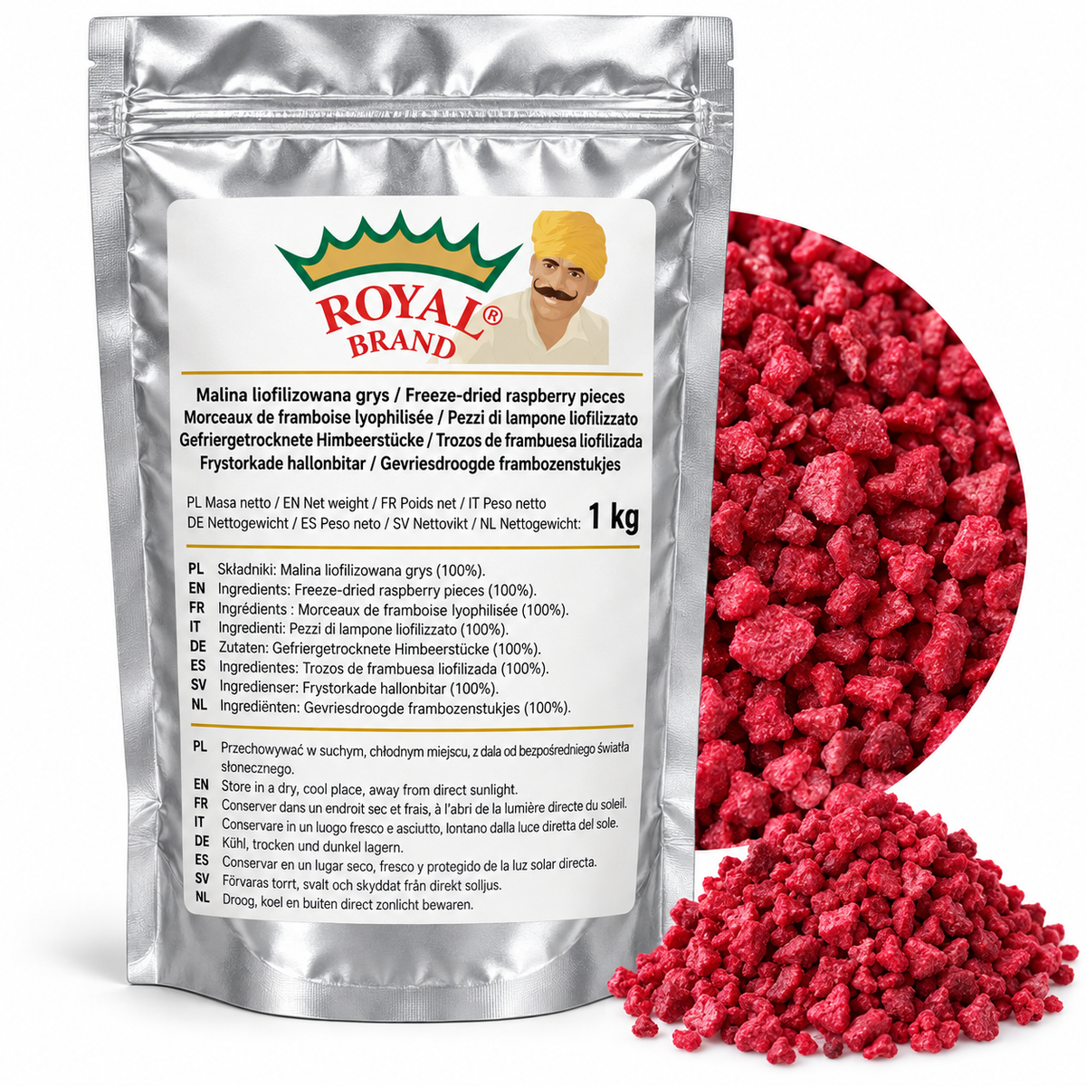 Projekt opakowania: Malina liofilizowana grys 1 kg Royal Brand. Logo marki do weryfikacji.