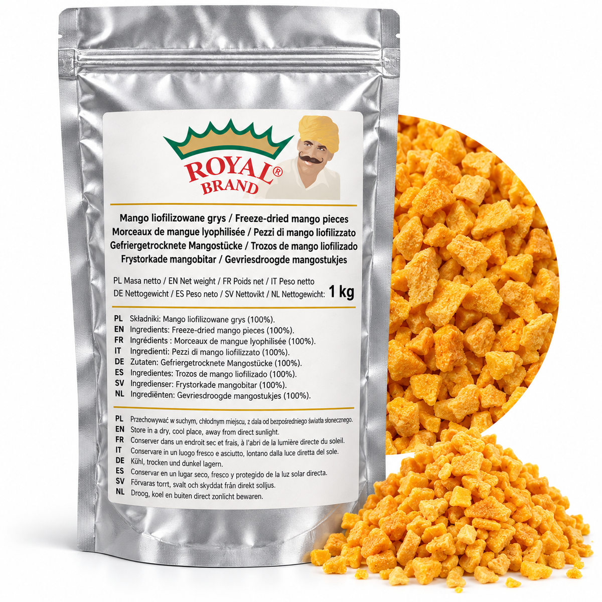 Projekt opakowania: Mango liofilizowane grys 1 kg Royal Brand. Logo marki do weryfikacji.