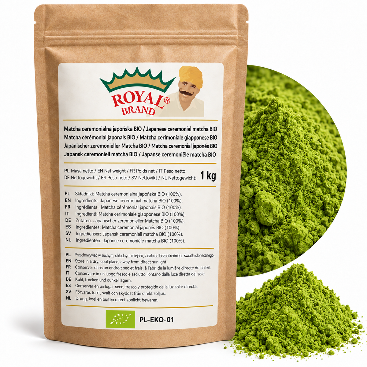 Projekt opakowania: Matcha ceremonialna japońska BIO 1 kg Royal Brand; zielony znak BIO i PL-EKO-01; logo Royal Brand do weryfikacji.