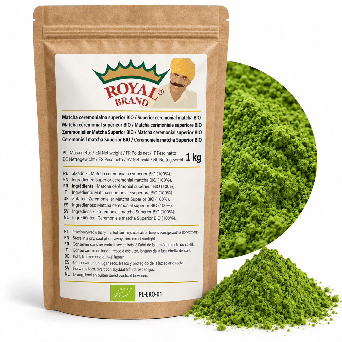 Projekt opakowania: Matcha ceremonialna superior BIO 1 kg Royal Brand; zielony znak BIO i PL-EKO-01; logo Royal Brand do weryfikacji.
