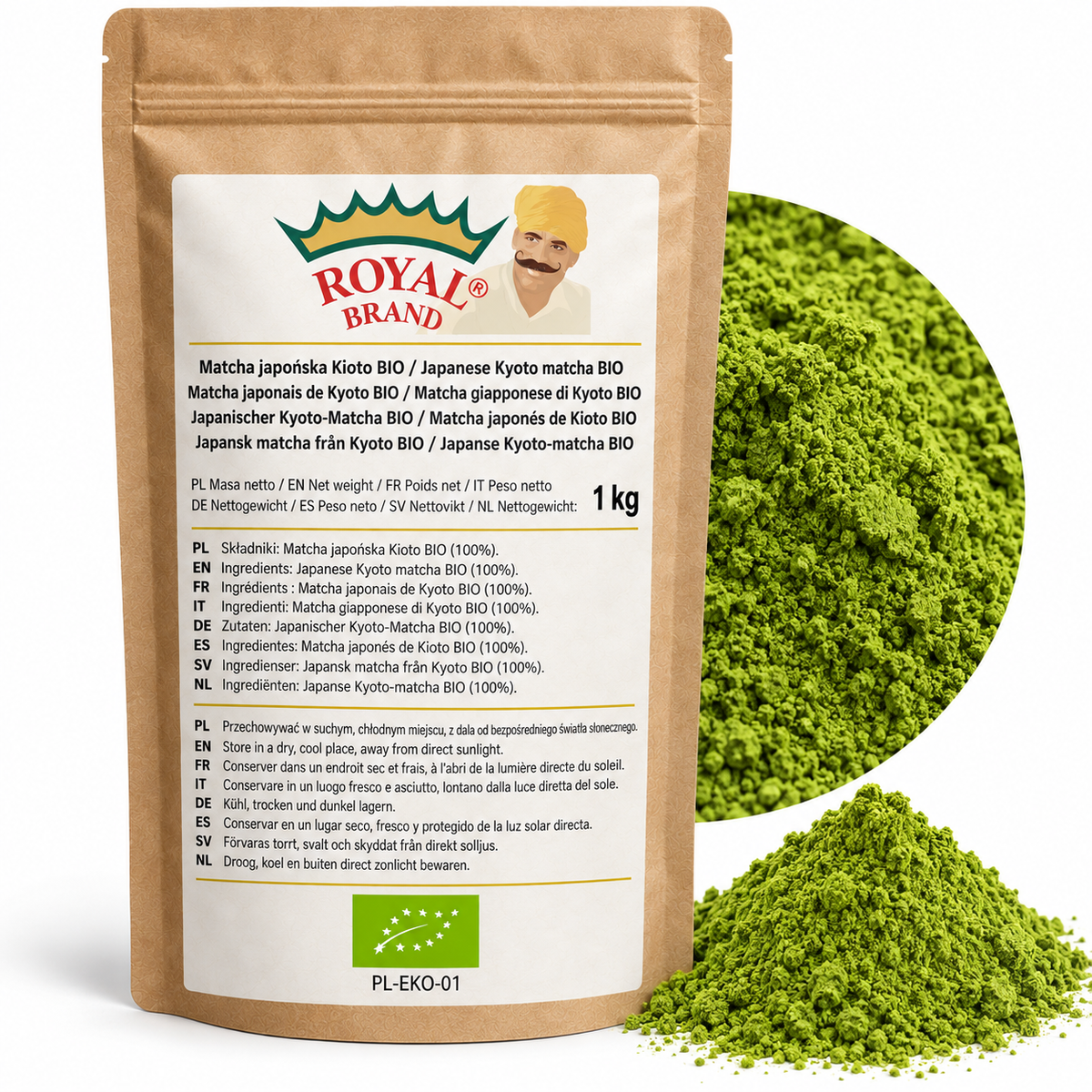 Projekt opakowania: Matcha japońska Kioto BIO 1 kg Royal Brand. Zielony listek BIO, PL-EKO-01. Logo marki do weryfikacji.