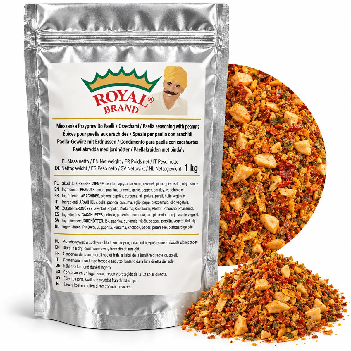 Projekt opakowania: Mieszanka Przypraw Do Paelli z Orzechami 1 kg Royal Brand. Logo marki do weryfikacji.