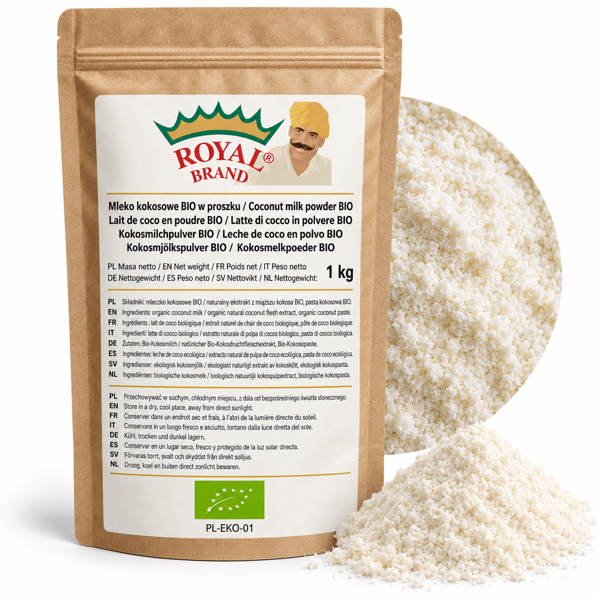 Projekt opakowania: Mleko kokosowe BIO w proszku 1 kg Royal Brand. Zielony listek BIO, PL-EKO-01. Logo marki do weryfikacji.