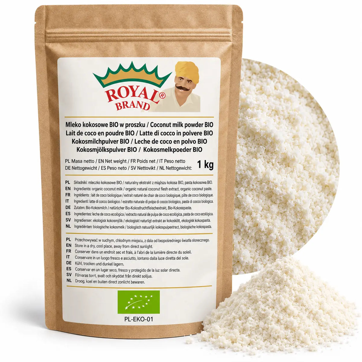 Projekt opakowania: Mleko kokosowe BIO w proszku 1 kg Royal Brand. Zielony listek BIO, PL-EKO-01. Logo marki do weryfikacji.