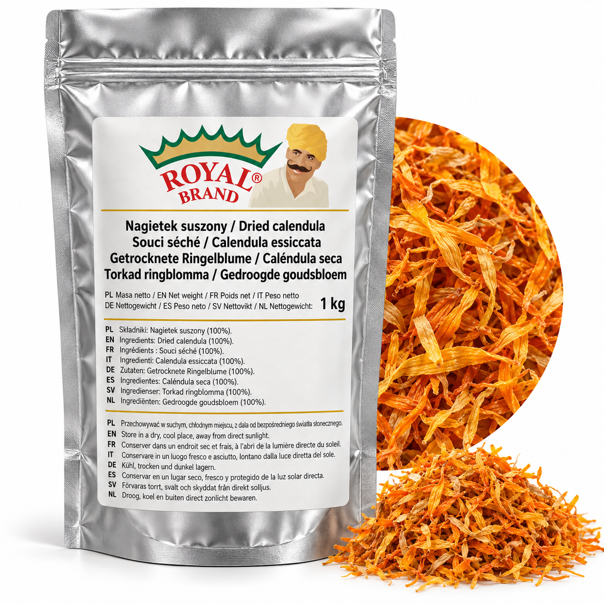 Projekt opakowania: Nagietek suszony 1 kg Royal Brand. Logo marki do weryfikacji.