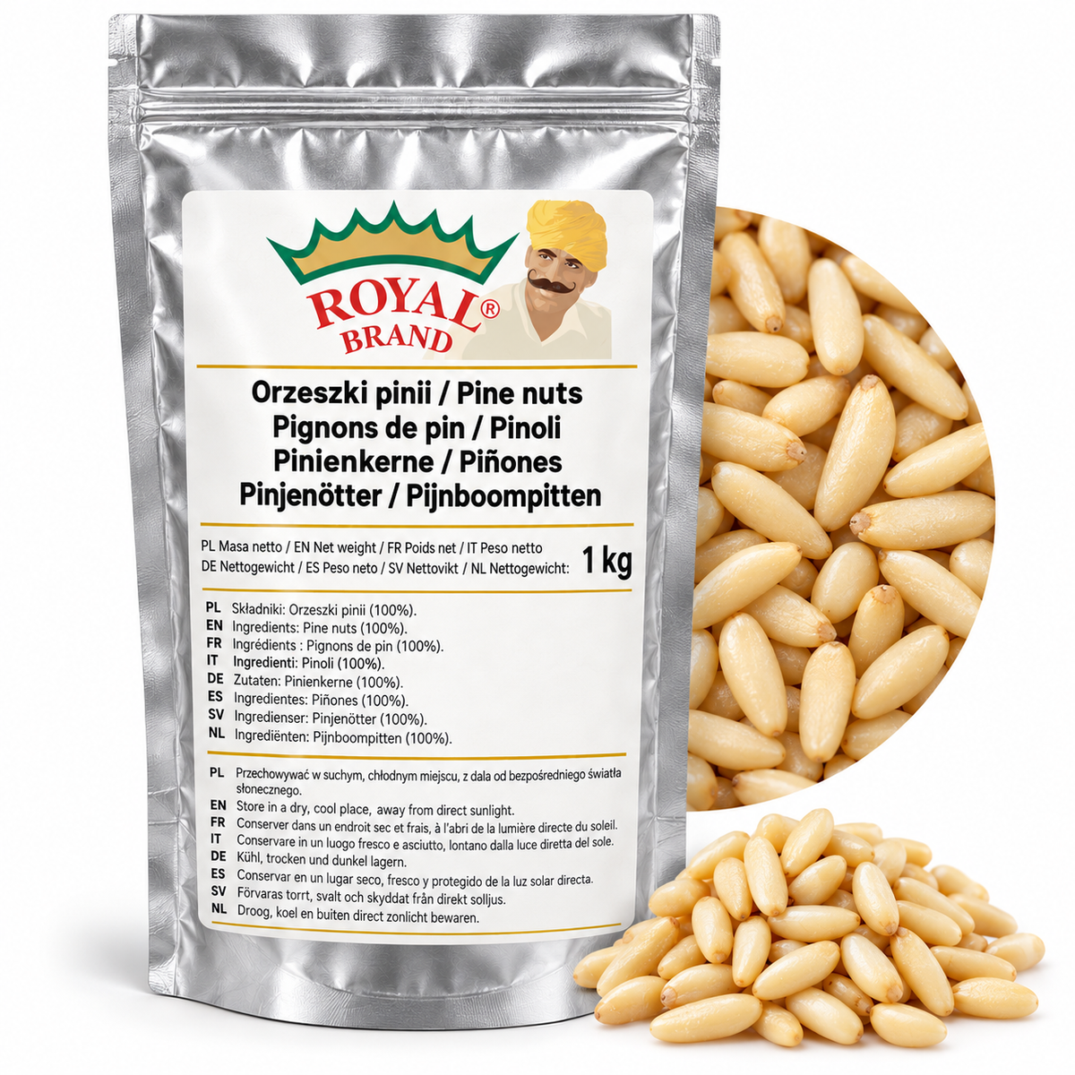 Projekt opakowania: Orzeszki pinii 1 kg Royal Brand; logo Royal Brand do weryfikacji.