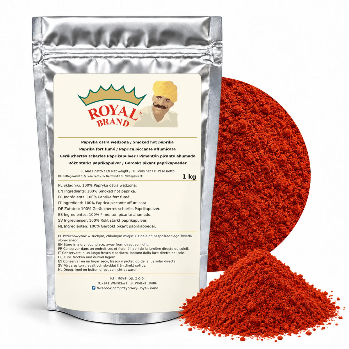 Papryka ostra wędzona 1 kg Royal Brand — srebrne opakowanie, etykieta w 8 językach
