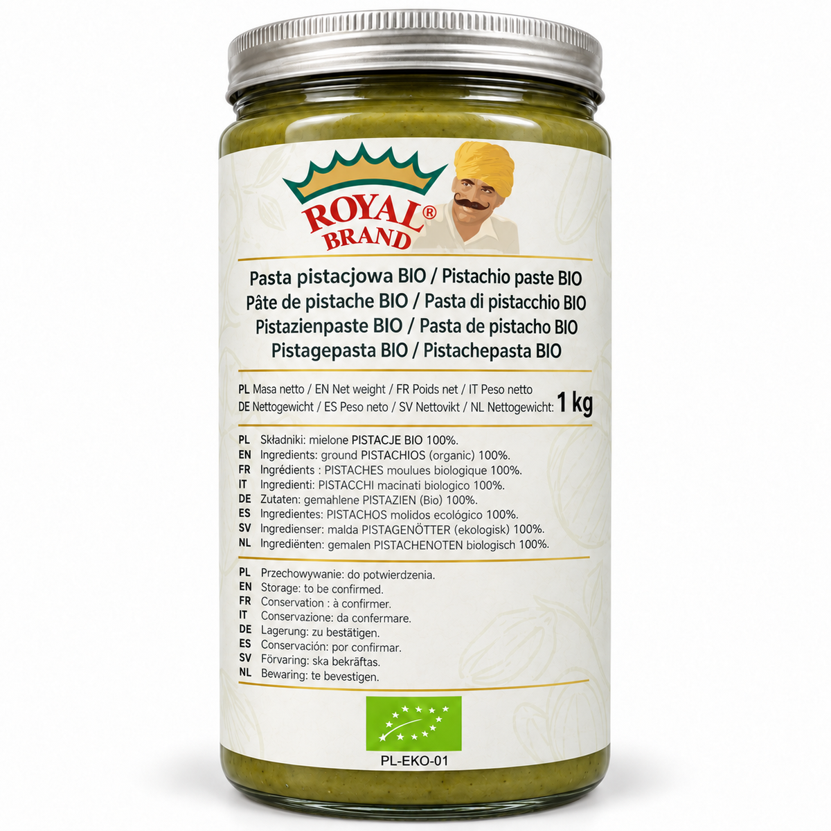 Pasta pistacjowa BIO 1 kg Royal Brand – projekt opakowania w szklanym słoiku; zielony euroliść BIO i PL-EKO-01