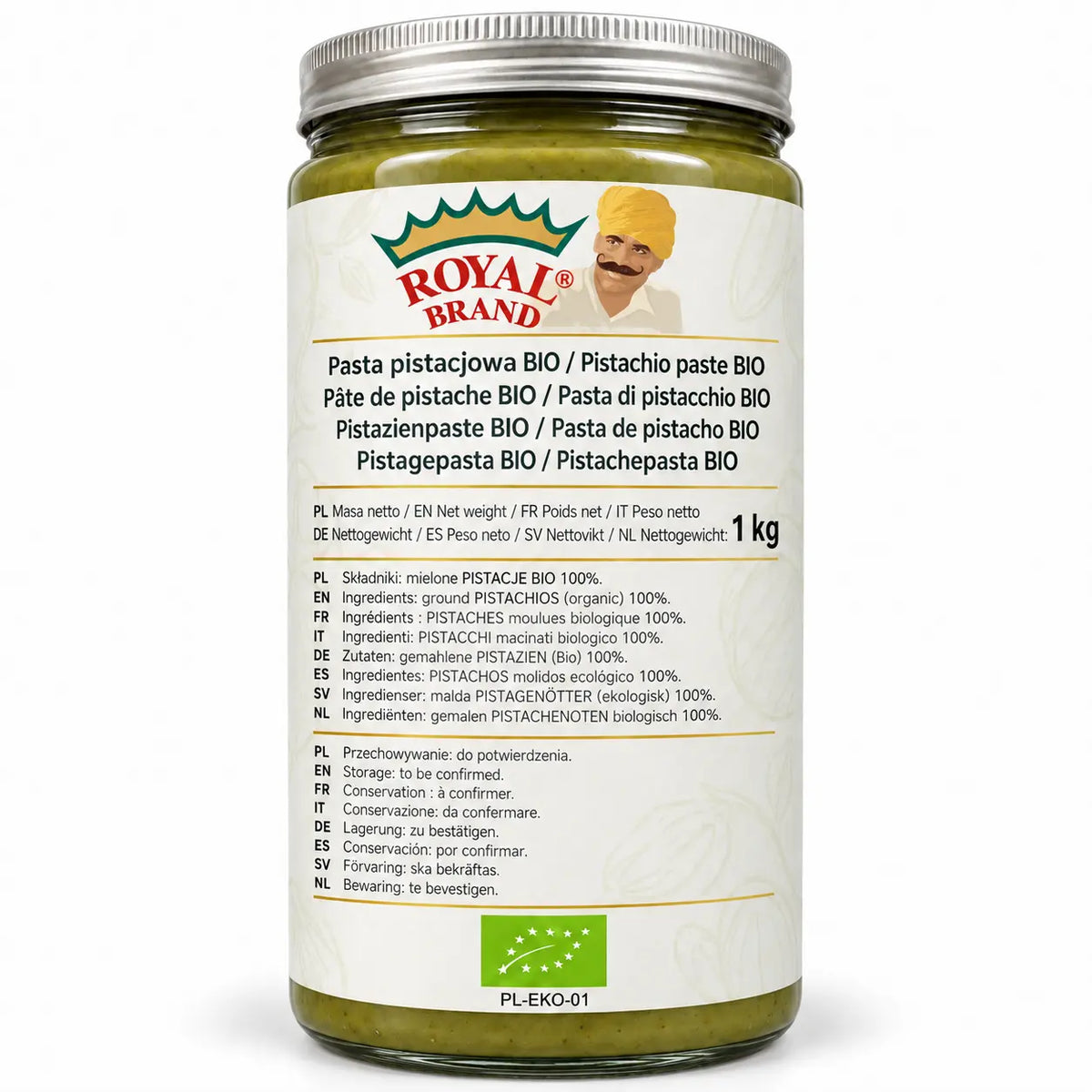 Pasta pistacjowa BIO 1 kg Royal Brand – projekt opakowania w szklanym słoiku; zielony euroliść BIO i PL-EKO-01