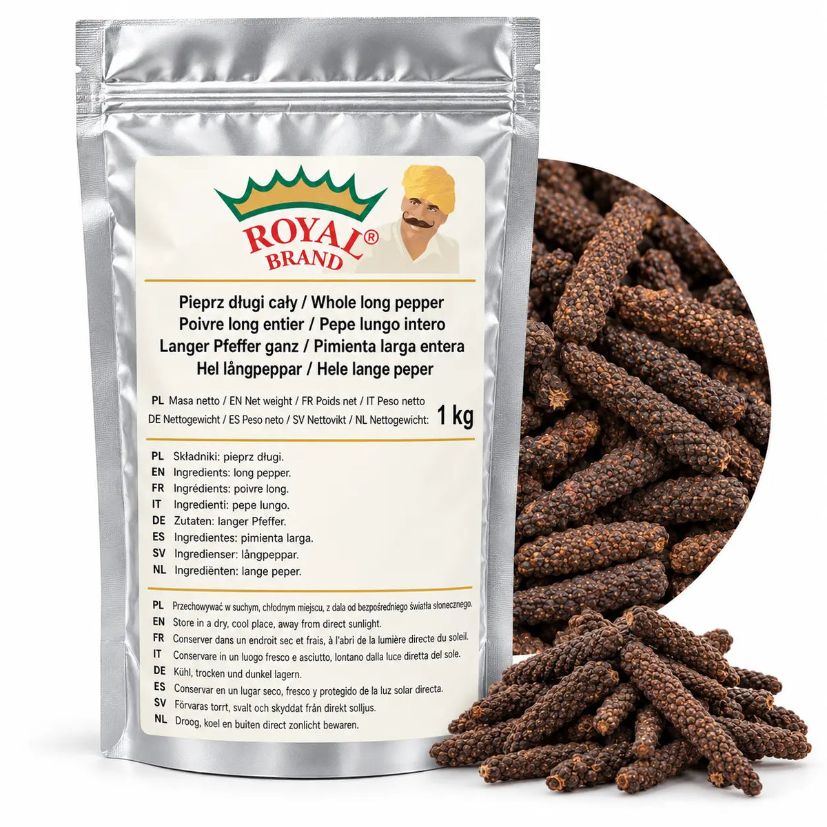 Pieprz długi cały 1 kg Royal Brand — srebrny doypak