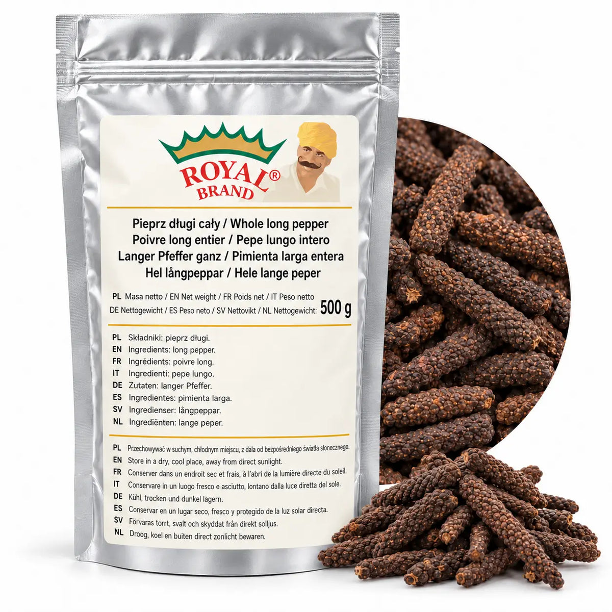 Pieprz długi cały 500 g Royal Brand — srebrny doypak