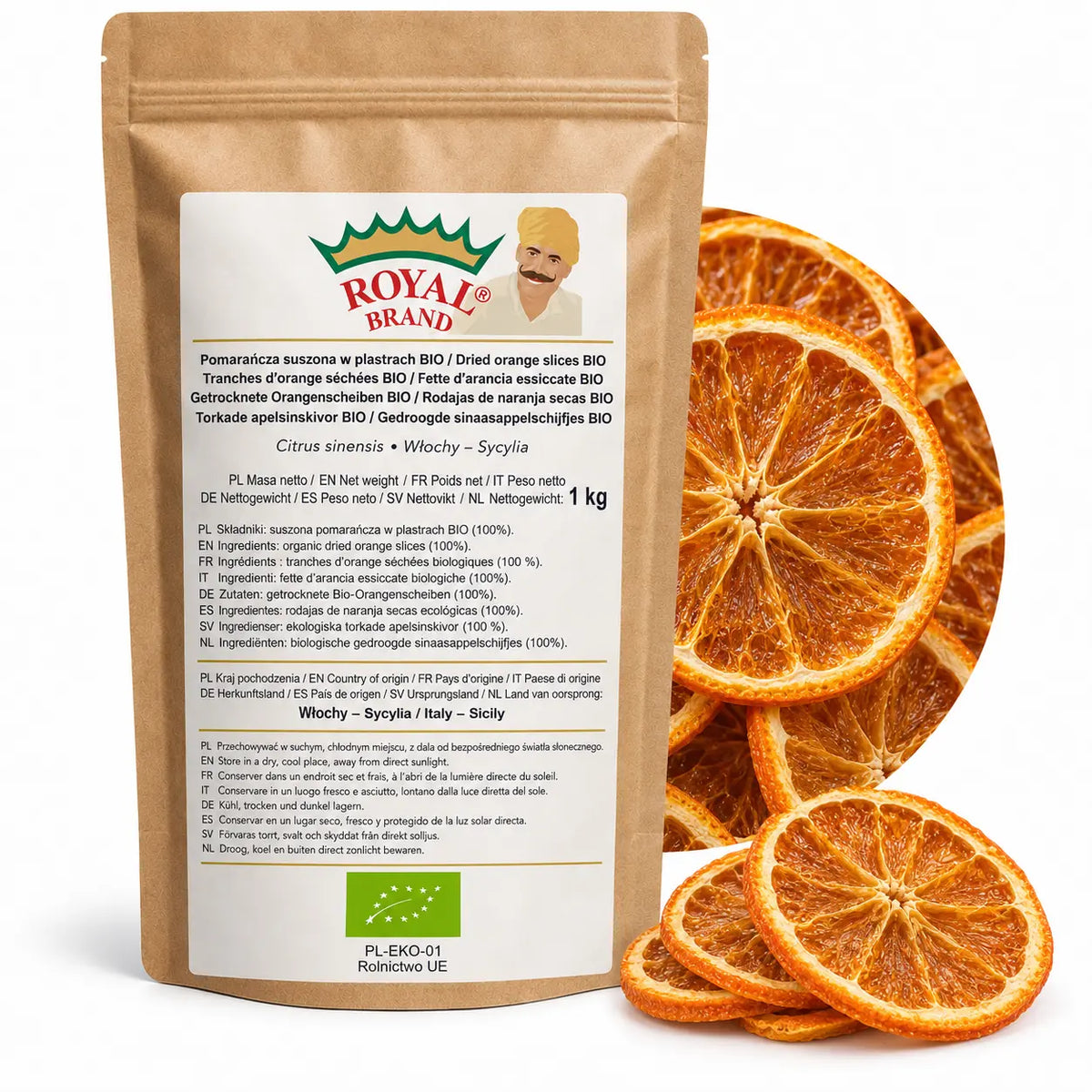 Pomarańcza BIO suszona w plastrach 1 kg z Sycylii w kraftowym doypaku Royal Brand