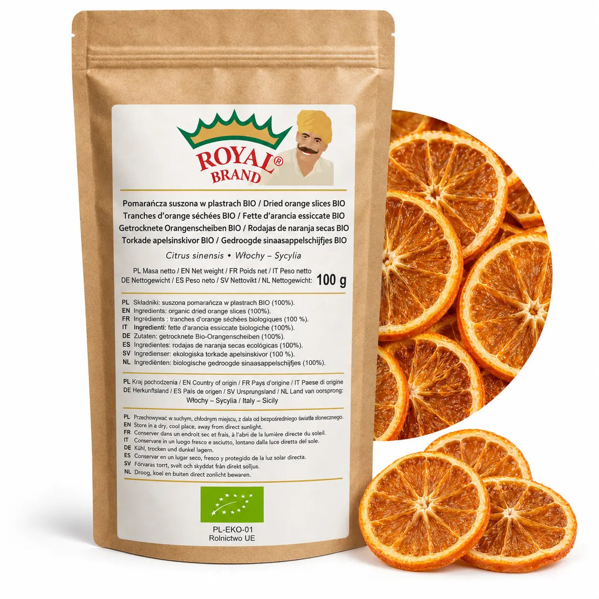Pomarańcza BIO suszona w plastrach 100 g z Sycylii w kraftowym doypaku Royal Brand