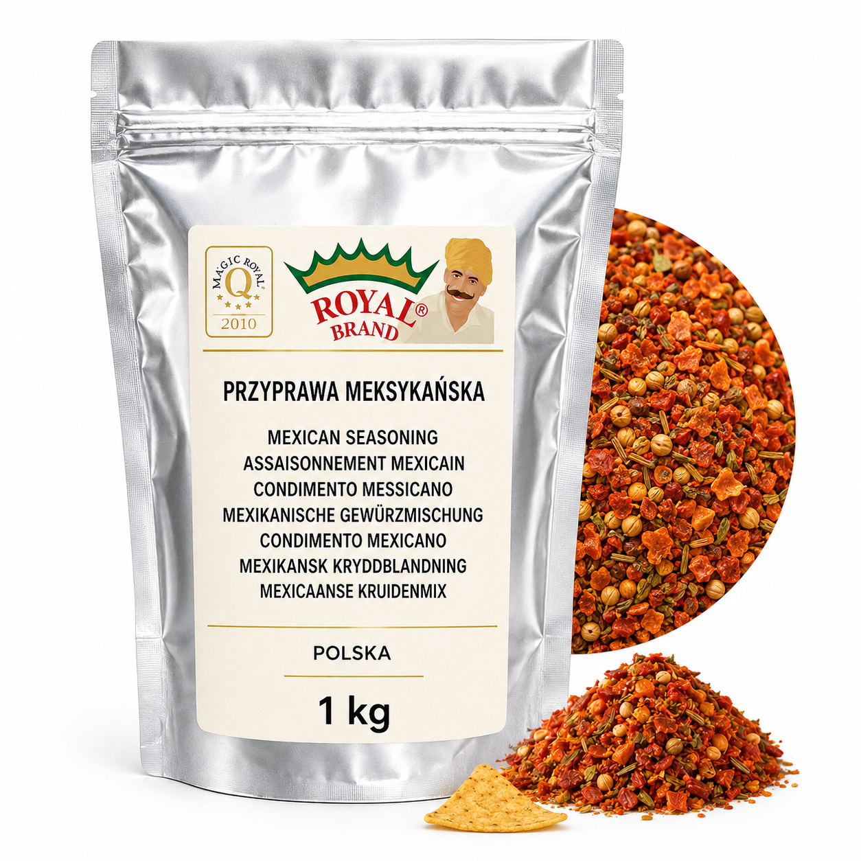 Przyprawa Meksykańska 1 kg do Fajitas Tortilli Burrito Royal Brand – srebrna saszetka Royal Brand z półkolem produktu